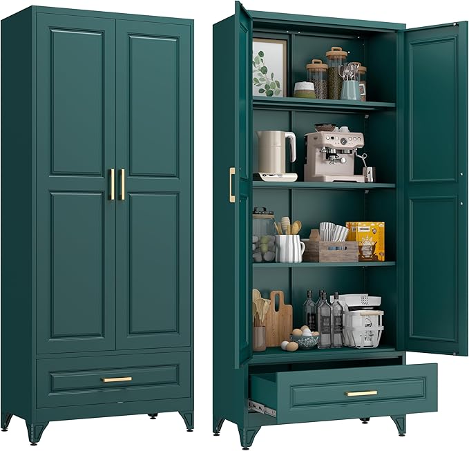 IMELESS Pieces 75" Tall Metal Storage Cabinet with Drawers & Doors,Green | Freestanding Steel Kitchen Pantry Cabinet, 3 Adjustable Shelves (180 Lbs Load), Tall Cabinets for Home, Office and Garage
