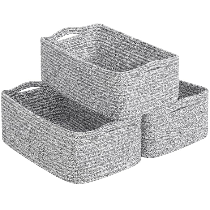 Goodpick 3-Pack Woven Baskets for Closet & Shelves, 11 x 7 x 4.5 in | Woven Baskets for Shelves, Closet Organizer Bins,Empty Baskets for Gifts, Woven Basket for Play Room, White & Gray