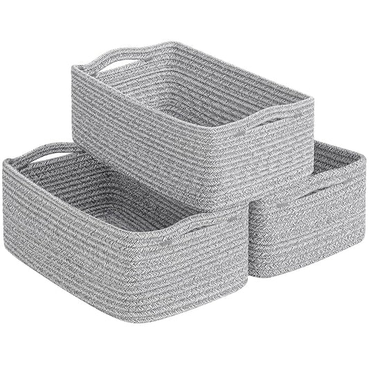 Goodpick 3-Pack Woven Baskets for Closet & Shelves, 11 x 7 x 4.5 in | Woven Baskets for Shelves, Closet Organizer Bins,Empty Baskets for Gifts, Woven Basket for Play Room, White & Gray