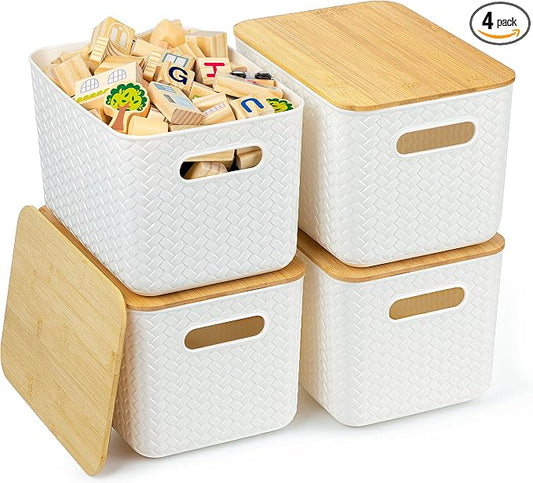 Ohmlove 4 Packs Storage Bins with Bamboo Lids - Plastic Storage Containers with Lids Stackable Storage Box：Storages Baskets for Organizing Desktop Closet Playroom Classroom Office,White