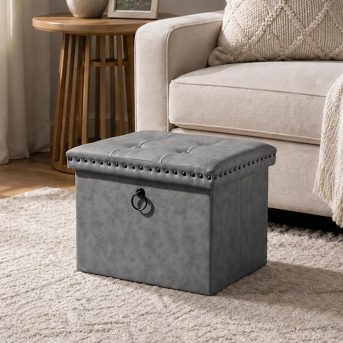 oakvivo Storage Ottoman Cube 16x12x12 inches, Small Faux Leather Tuffed Foot Rest Stool with Rivet Design, Foldable Ottomans Footstool, Box Chest for Bedroom, Entryway, Load 242 lb, Grey