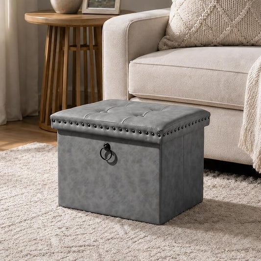 oakvivo Storage Ottoman Cube 16x12x12 inches, Small Faux Leather Tuffed Foot Rest Stool with Rivet Design, Foldable Ottomans Footstool, Box Chest for Bedroom, Entryway, Load 242 lb, Grey