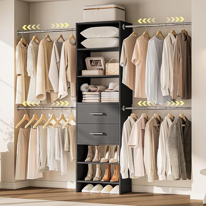 W2 Closet System with 2 Drawers, 3.5FT-7.7FT Closet Organizer System with 4 Chrome-Plated Telescopic Rods & 5 Adjustable Shelves, Custom Wood Walk-In Closet Clothing Rack, Black