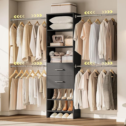 W2 Closet System with 2 Drawers, 3.5FT-7.7FT Closet Organizer System with 4 Chrome-Plated Telescopic Rods & 5 Adjustable Shelves, Custom Wood Walk-In Closet Clothing Rack, Black