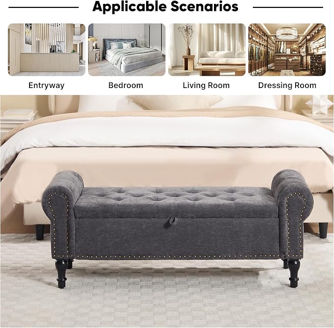 51" Storage Bench for Bedroom, Chenille End of Bed Bench, Queen Size Bench with Rolled Arms, Tufted Storage Ottoman Benches, Upholstered Bench for Bedroom, Living Room, Entryway, Dark Grey