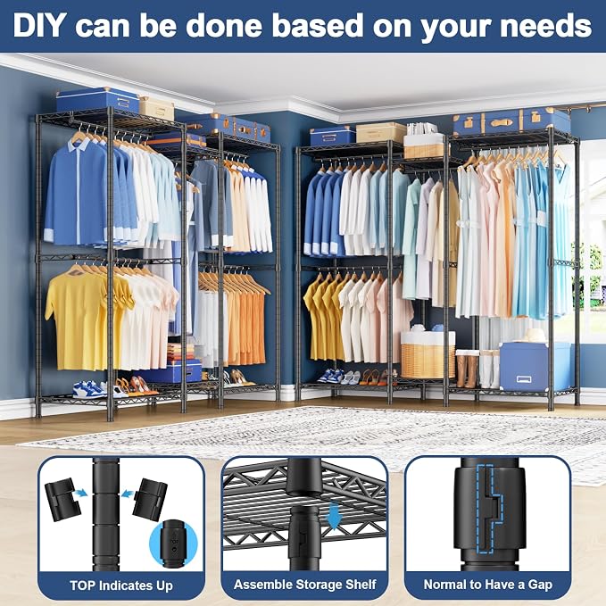 E12 Clothes Rack，Heavy Duty Freestanding Garment Rack with Shelves，Metal Clothing Closet Storage System for Hanging Clothes，57.1" W x 16" D x 76.5" H, Hold 860 lbs，Black