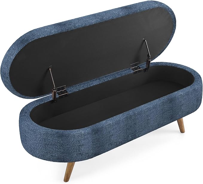 43.5” Storage Ottoman Bench，Upholstered Oval End of Bed Bench for Bedroom | Modern Linen Ottoman with Storage, Entryway Foot Rest with Wooden Leg, Lift-Top Lid with Safety Hinge, Living Room, Dark Blue