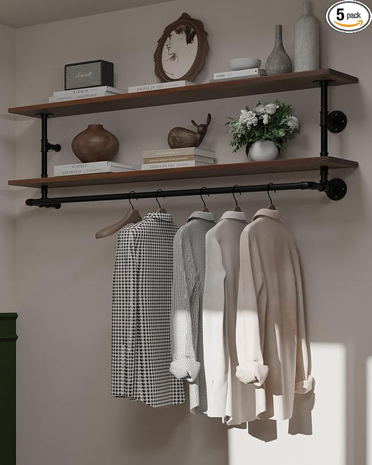 Clothes Rack 60in, Wall Mounted Garment Rack with Real Walnut Wood Shelf, Heavy Duty Hanging Clothes Rack, Multi-Purpose Hanging Rod, Space-Saving Closet Storage (Walnut, 2T60IN)