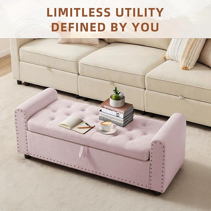 48" Ottoman with Storage, Tufted Storage Ottoman Bench, Convenient Living Room Fabrics Bench Seat, Entryway Shoe Benches with Inner Zipper & Arm, Upholstered Window Seat Ottomans with Rivets,Pink