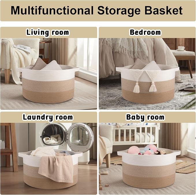 OIAHOMY 90L Extra Large Blanket Basket - Decorative Cotton Rope Storage Basket for Bedroom, Living Room & Nursery - Woven Laundry Hamper for Organizing Blankets, Clothes & Toys - Gardient Light Brown