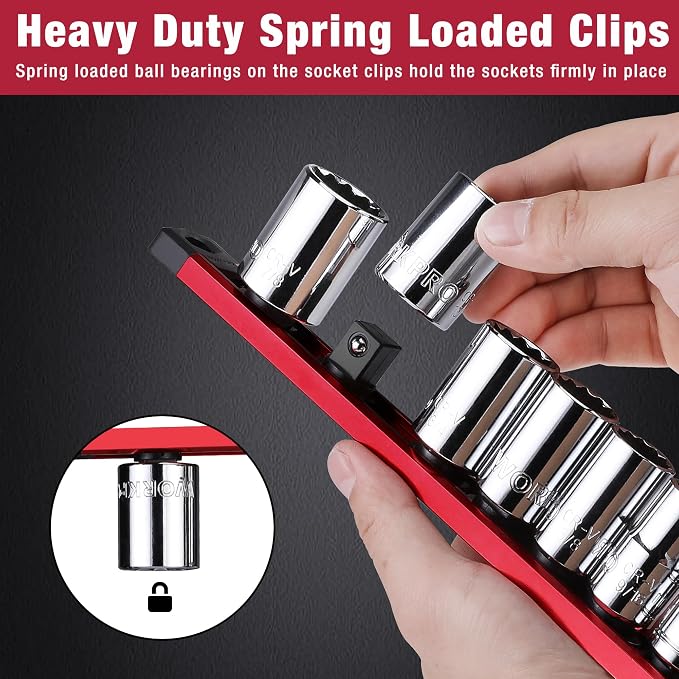 WORKPRO Magnetic Socket Organizer Set, 3-Piece 1/4” 3/8” 1/2” Socket Rails | 1/4-Inch x 12 Clips, 3/8-Inch x 10 Clips, 1/2-Inch x 10 Clips, Aluminum Alloy, Rotatable & Movable Clips, Efficient Storage