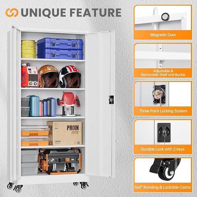 Garage Storage Cabinet with Doors and Shelves, Garage Cabinets with Wheels, Metal Lockable Storage Caninet,Tall Tool Cabnet on Wheels for Workshop/Home/Office/Shop - (White 75”H)