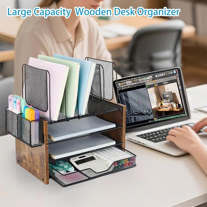OPNICE Desk Organizer, 4-Tier Desktop File Organizer with Drawer and Pen Holders, Office Desk Accessories, File Sorters, Workspace Organizers for Office Supplies(Brown)