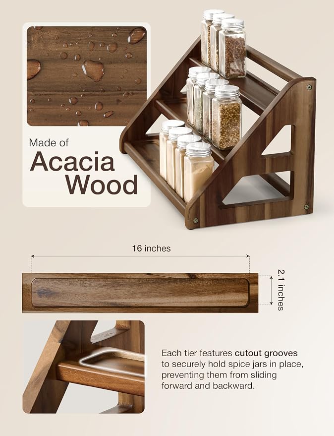 Tinamo Acacia Wood Spice Rack - Wooden 3-Tier Spice Rack Organizer for Countertop or Cabinet – Kitchen Spice Organizer and Seasoning Organizer Shelf (Walnut) | Acacia Wood, 3-tier Spacious Design for 24 Spice Jars, Cutout Grooves for Secure Storage, Ea...