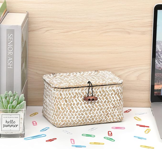 Small Wicker Basket with Lid, Decorative Box for Shelf | Rectangular Bin for Keys & Remotes, Multipurpose Shelf Storage, Durable Natural Seagrass, Whitewash, 6.1"x 4"x 3.3"