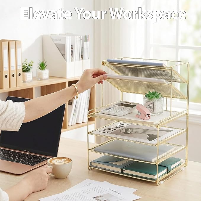 OPNICE Desk Organizer, 6-Tier Letter Tray Paper Organizer, Desktop File Organizer, Office Desk Accessories & Office Decor for Women, Workspace Organizer for Office Supplies(Gold)