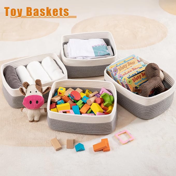 OIAHOMY 4 Pack Storage Baskets for Organizing, Small Bins for Shelves, Cute Decorative Storage Bins, Organizer Baskets for Gifts Empty, 14.2''Lx11''Wx6.3'H, Grey/White