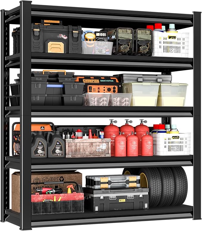 5-Tier Garage Shelving Heavy Duty,48”W x 18”D x 78”H Metal Shelving Unit，2400 lbs Weight Capacity Adjustable Storage Shelves for Retiple Tanks, Pantry, Garage，Black (Black, 5-Ter,48”W x 18”D x 78”H)