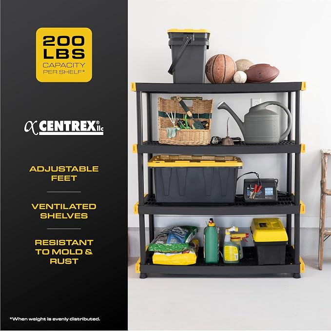 CX Black & Yellow, 4-Tier Heavy Duty Plastic Storage Shelves that Support up to 200lbs/shelf, Organization and Storage, Weather-Resistant Design, Easy Assembly (55" H x 48" W x 20" D) | Freestanding garage utility rack with easy assembly, 4 shelves at ...