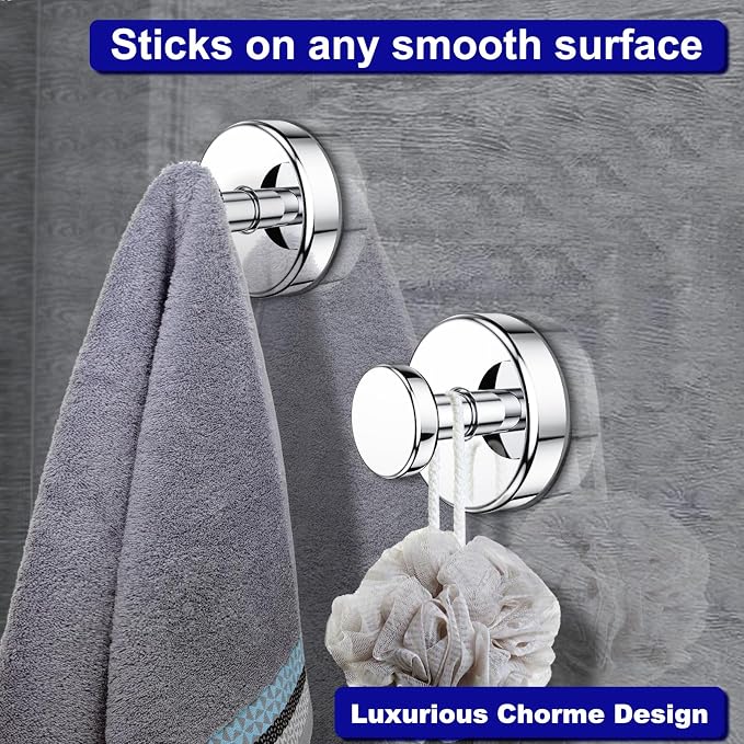 Bntuk Suction Cup Hooks for Shower, Removable Towel Hooks for Bathroom Window Glass Door Wall, Bath Robe Looafh Hook for Hanging - 4 Pack, Chrome