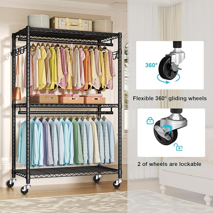 FUTASSI P1 Plus Rolling Clothes Rack, Heavy Duty Portable Closet Wardrobe | Freestanding Garment Clothing Rack with Wheels and Double Rods, 45"W x 17.7"D x 80.5"H, Max Load 524lbs, Black
