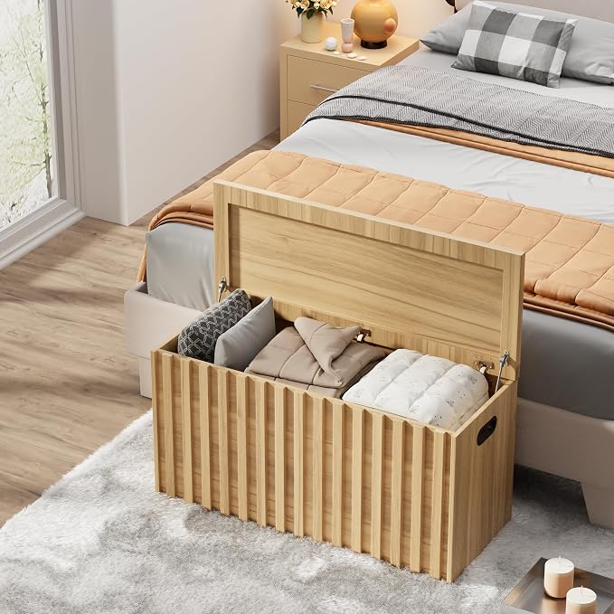 Storage Bench,39.4" Wood Box, Storage Trunk with 2 Safety Hinges, Ottoman Storage Chest, Fluted Storage Bench for Bedroom, Entryway, Living Room(Natural Wood)