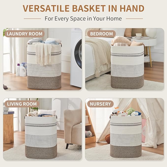 AINUOQI Laundry Hamper - Tall Woven Rope Laundry Basket - Clothes hamper with Leather Handles, 17" X 13.8" X 22", Blanket Storage Basket for Living Room, Rice Brown & White