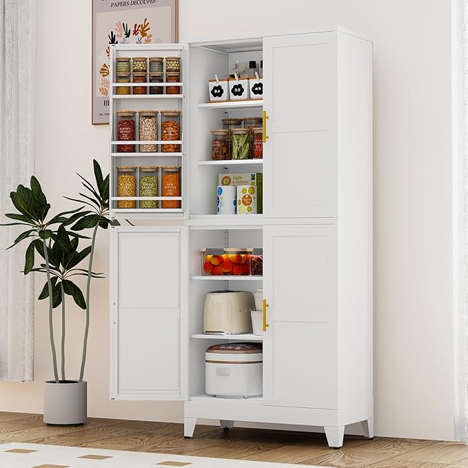 GAIOUS 74.8" Tall Metal Food Cabinet, White Kitchen Pantry Cabinet, Storage Cabinets with 4 Door and 4 Adjustable Shelves, Steel Freestanding Cupboard for Kitchen Dining Room Living Room Bathroom