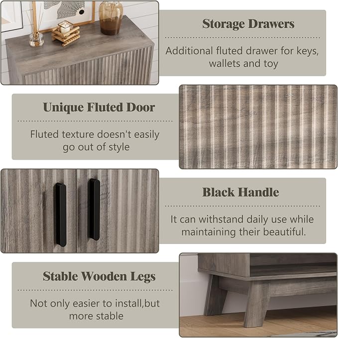 HUANLEGO Shoe Cabinet Storage for Entryway with Doors, Grey | 4 Tier Fluted Shoe Organizer with 2 Drawers, Shoe Storage with Adjustable Shelves, Freestanding Hidden Shoe Rack for Entryway