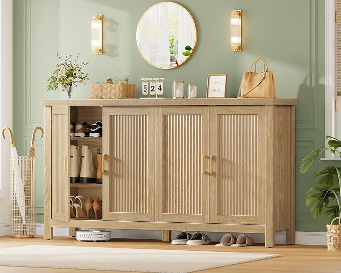 usikey 63" Buffet Cabinet with Storage, Fluted Sideboard Cabinet with 4 Adjustable Shelves, Modern Coffee Bar with 4 Doors, Coffee Bar Cabinet for Kitchen, Living Room, Natural