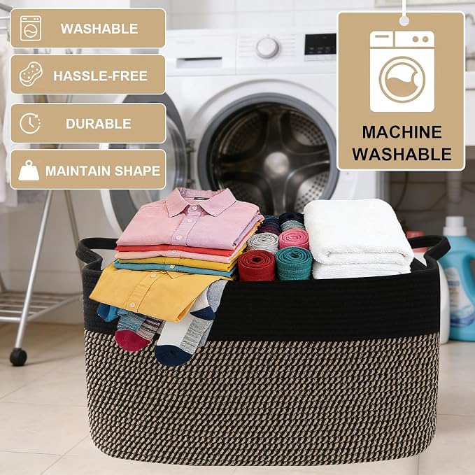 96L XXXLarge Woven Laundry Basket with Sturdy Handles - Black/Jute | Machine washable,Space-Saving Collapsible Design,Cotton rope, blanket basket living room,for toys clothes nursery bathroom