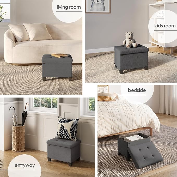 Storage Ottoman Cube with Small Bin, 16-in Square Ottoman with Storage for Living Room and Bedroom, Small Ottomans Foot Rest, Fabric Foot Stools Ottomans Max 330lbs, Grey
