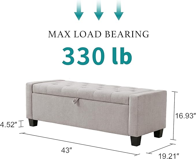 Huatean Home 43" Ottoman with Storage, Light Gray Storage Ottoman Bench | Upholstered Entryway Bench with Seating for Bedroom, Living Room with Safety Hinge, Holds up to 330 lb