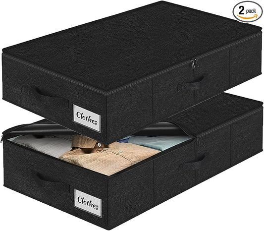 Under Bed Storage Container Bins 2 Pack, Low Profile Foldable Underbed Clothes Storage Organizer W/ Ultra Thick Fabric and Sturdy Bottom/Sides, Dual Zipper Storage Box for Dorm and Home 30x16x6.7"