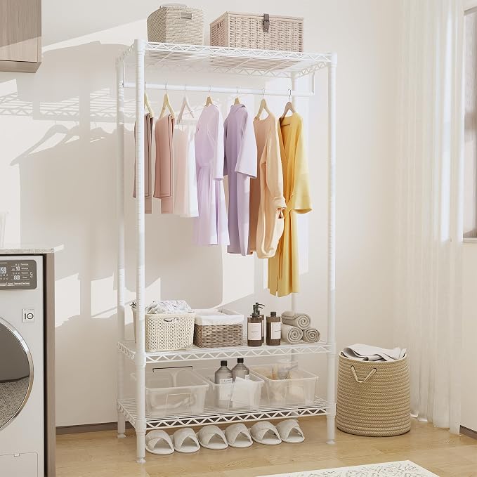 Heavy Duty Garment Rack 600 Lbs Load Stable Clothes Rack for Hanging Clothes Wardrobe Closet with Adjustable Shelves & Hanging Rod 17.7" D x 35.4" W × 68'' H White