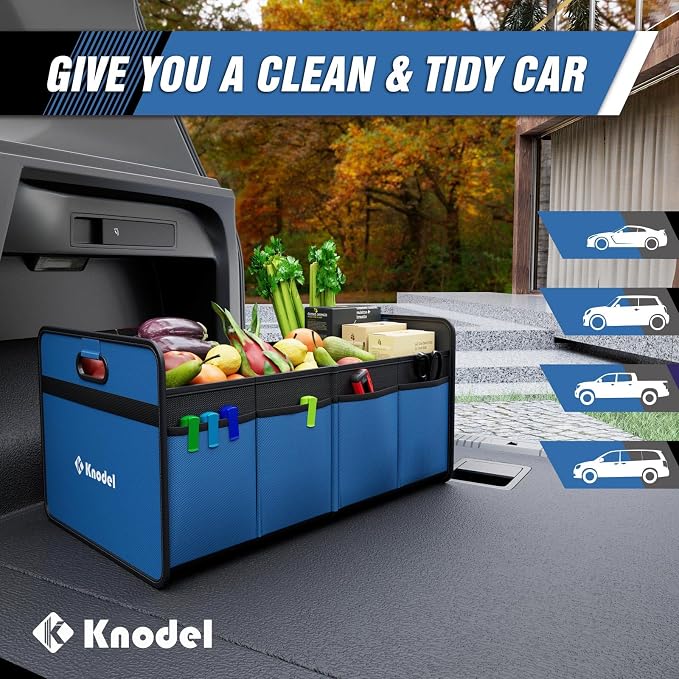 K KNODEL Foldable Trunk Storage Organizer for Car and Suv (Small, Blue) | Collapsible Car Storage Organizer, Car Organizers and Storage for Sedan, Cargo Organizer, Car Bin, Basket,Bag, Organization
