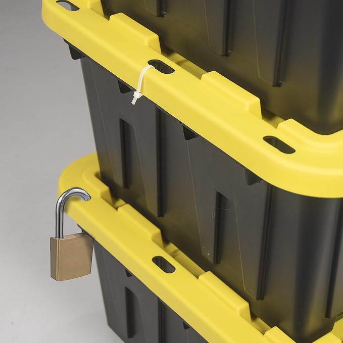 CX Heavy Duty 12-Gallon Stackable Plastic Storage Bins with Lids, 4 Pack | Storage totes for garage organization, Stackable containers, weather-resistant, snap lid, 12.5H x 16.3W x 21.8D, Black/Yellow