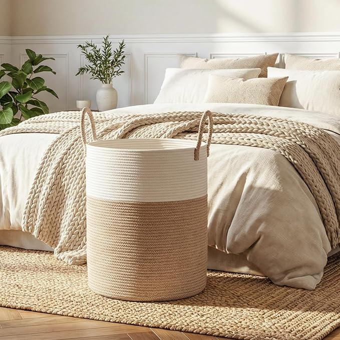 OIAHOMY Large Laundry Basket Hamper - 60L Cotton Rope Woven Basket for Blankets, Toys, Clothes - Tall Decorative Nursery Hamper with Long Handles, Brown/White