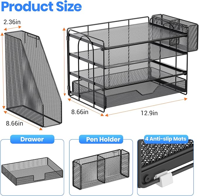 OPNICE Desk Organizer, 4-Tier Desktop File Organizer with Drawer and Pen Holders, Office Desk Accessories, File Sorters, Workspace Organizers for Office Supplies(Black - Metal Pen Holder)
