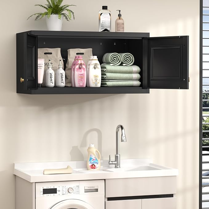 32" Wall Storage Cabinet with 2 Doors & Gold Handle | Black Metal, Hanging Design, for Bathroom, Kitchen, Rust-Resistant, Anti-Tip, Easy Assembly, Hardware Included