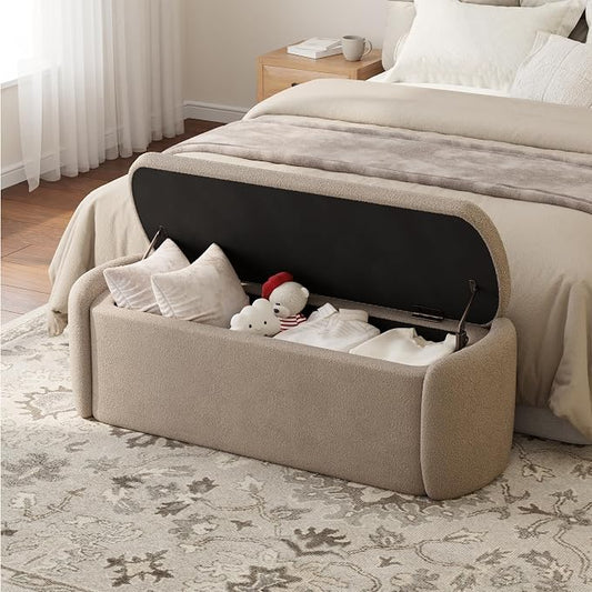 VKNOW Storage Bench, Upholstered Storage Ottoman Bench with Hinge, Brown | Ottoman Bench with Large Capacity, Curved Frame, King Size Bench, Storage Bench for Bedroom, Living Room, Entryway, Window