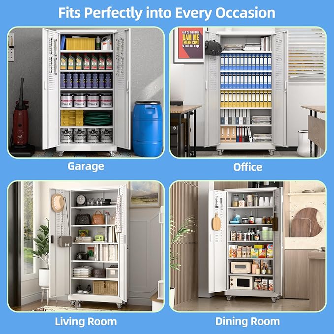 Aobabo Upgraded Garage Storage Cabinets with Wheels,Metal Storage Cabinets with 5 Adjustable Shelves for Garage Home Office Storage,White,71''H*34''W*18''D,Assembly Required