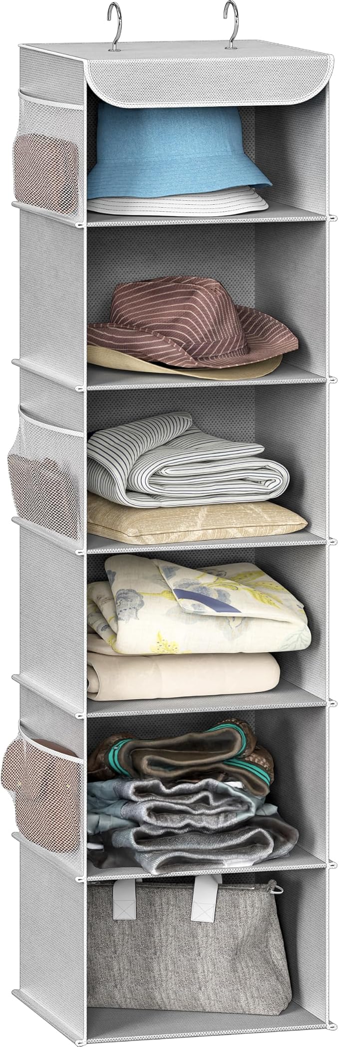 Simple Houseware 6 Shelf Hanging Closet Organizer, Gray | 360° Rotating Dual Hooks, Top Support Metal Frame, 6 Side Mesh Pockets