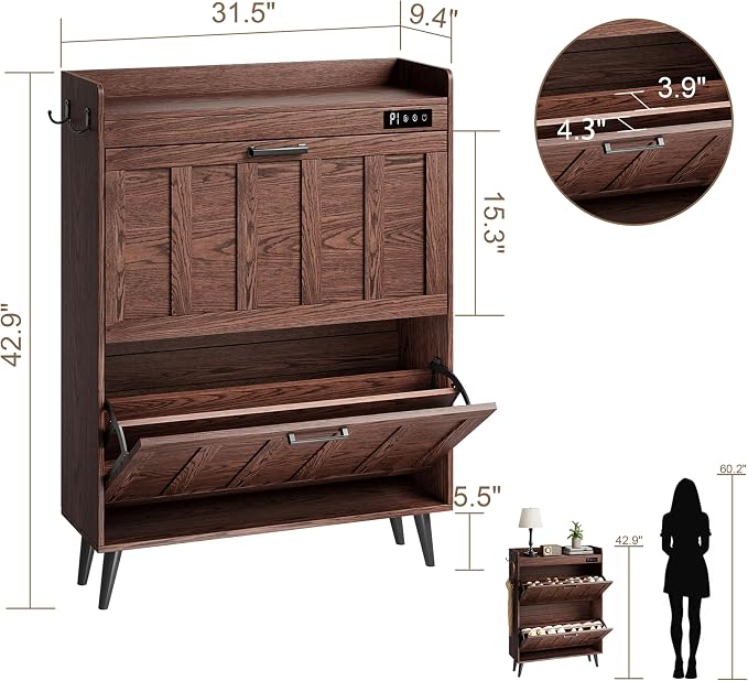 ChooChoo Shoe Storage Cabinet with 2 Flip Drawers and Deodorizer | Shoe Organizer Storage for Entryway, Freestanding Hidden Slim Narrow Shoe Rack Cabinet, Walnut