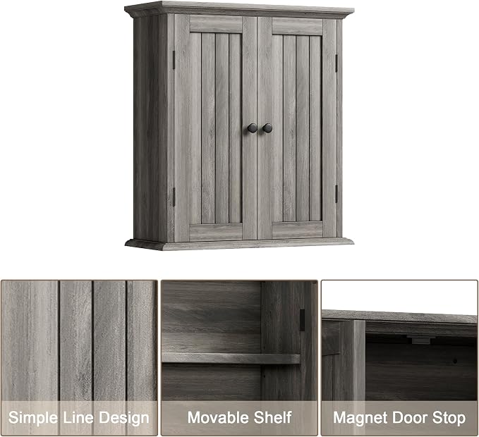 ChooChoo Bathroom Wall Cabinet with 2 Doors, Over The Toilet, Farmhouse | 8.8"D x 21.1"W x 24"H, Medicine Cabinet, Adjustable Shelves, Cupboard, Retro Grey