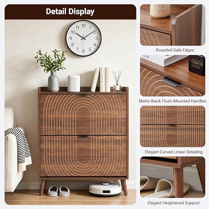 Arch-Chic Shoe Cabinet for Entryway with 2 Flip Door | Farmhouse, Walnut color, Adjustable shelves, Tabletop guardrail, Freestanding shoe storage cabinet, for Entryway/hallway