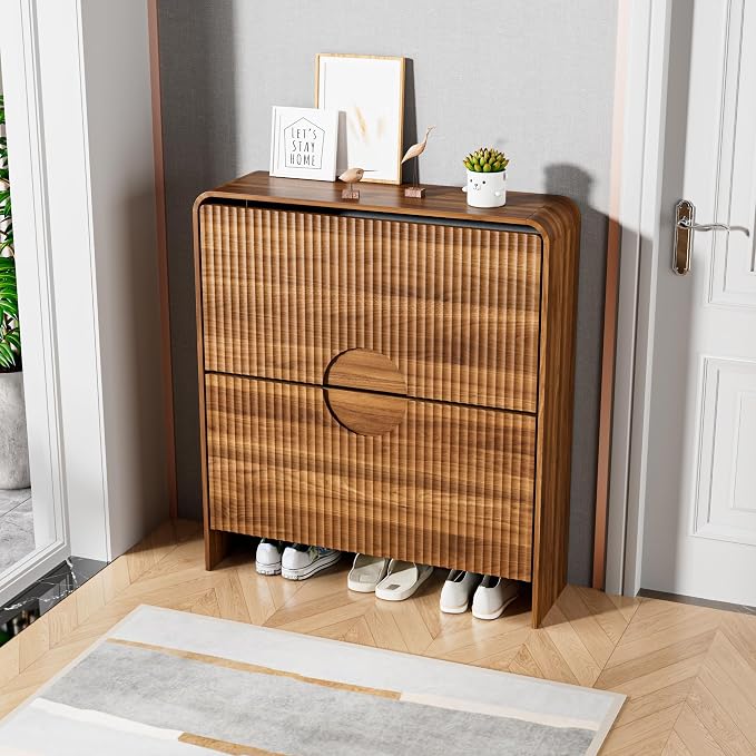 Slim Shoe Storage Cabinet for Entryway, Narrow Shoe Cabinet with 2 Tier Flip Drawers Doors, Fluted Hidden Shoe Rack Organizer for Entrance, Entry Way, Foyer, Hallway, Walnut