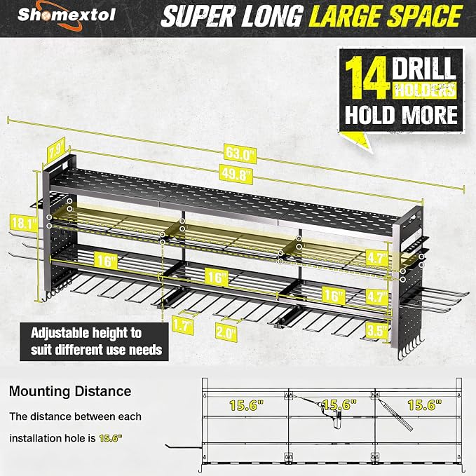 49.8" Power Tool Organizer Wall Mount,Holds 14 Cordless Drills | Large 4-Tier Tool Storage Rack, Heavy Duty 450 lb Load Capacity for Garage Workshop, Black, Gift for Men