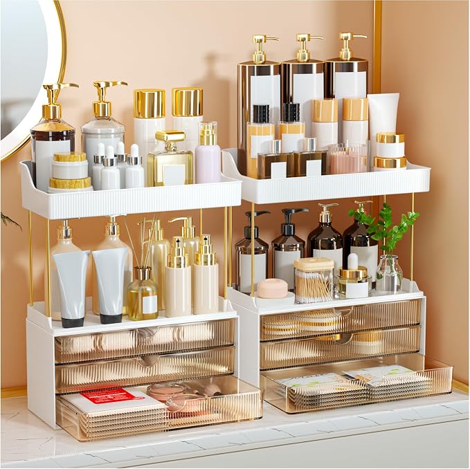 StorBin Arcylic 5-Tier Makeup & Skincare Organizer for Vanity, Bath, 2 Sets | Smooth 3 drawers, clear body, gold frame, non-slip, for perfumes, serums, face masks, palettes, vanity & bath counter,Amber