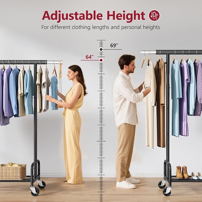 Clothes Rack with Shelf, Adjustable Heavy Duty Load 300 LBS, Black | Rolling Clothing Rack with Extendable Rod, Commercial Portable Garment Rack with Wheels for Bedroom, Laundry Room